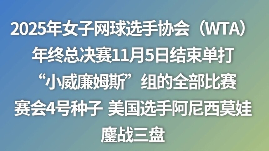 WTA年终总决赛：阿尼西莫娃逆转赢下“生死战” 挺进半决赛